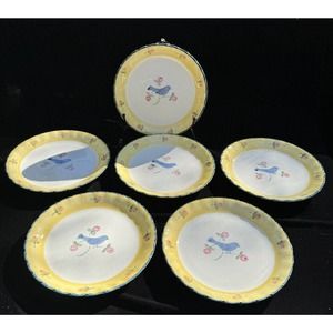 6 Normandy by Mann Salad Plates Hand Painted 1987 Yellow Blue Bird 8”